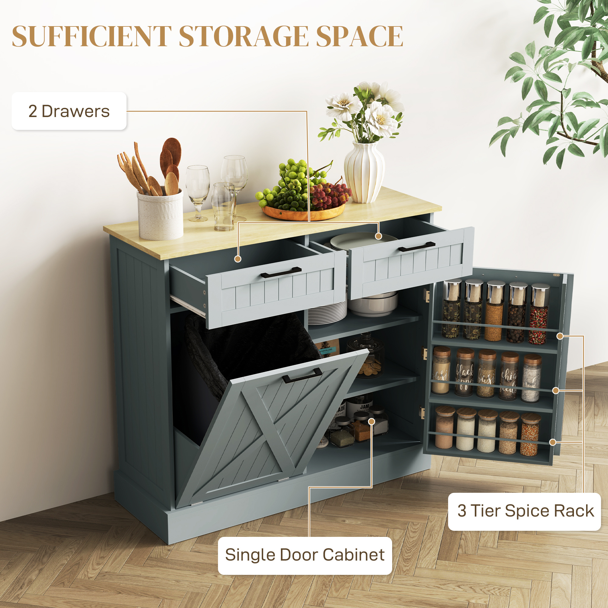 10 Gallon Farmhouse Kitchen Cabinet with Hidden Trash Can and 2 Drawers, Tilt Out Trash Can Cabinet for Kitchen, Gray - Image 6