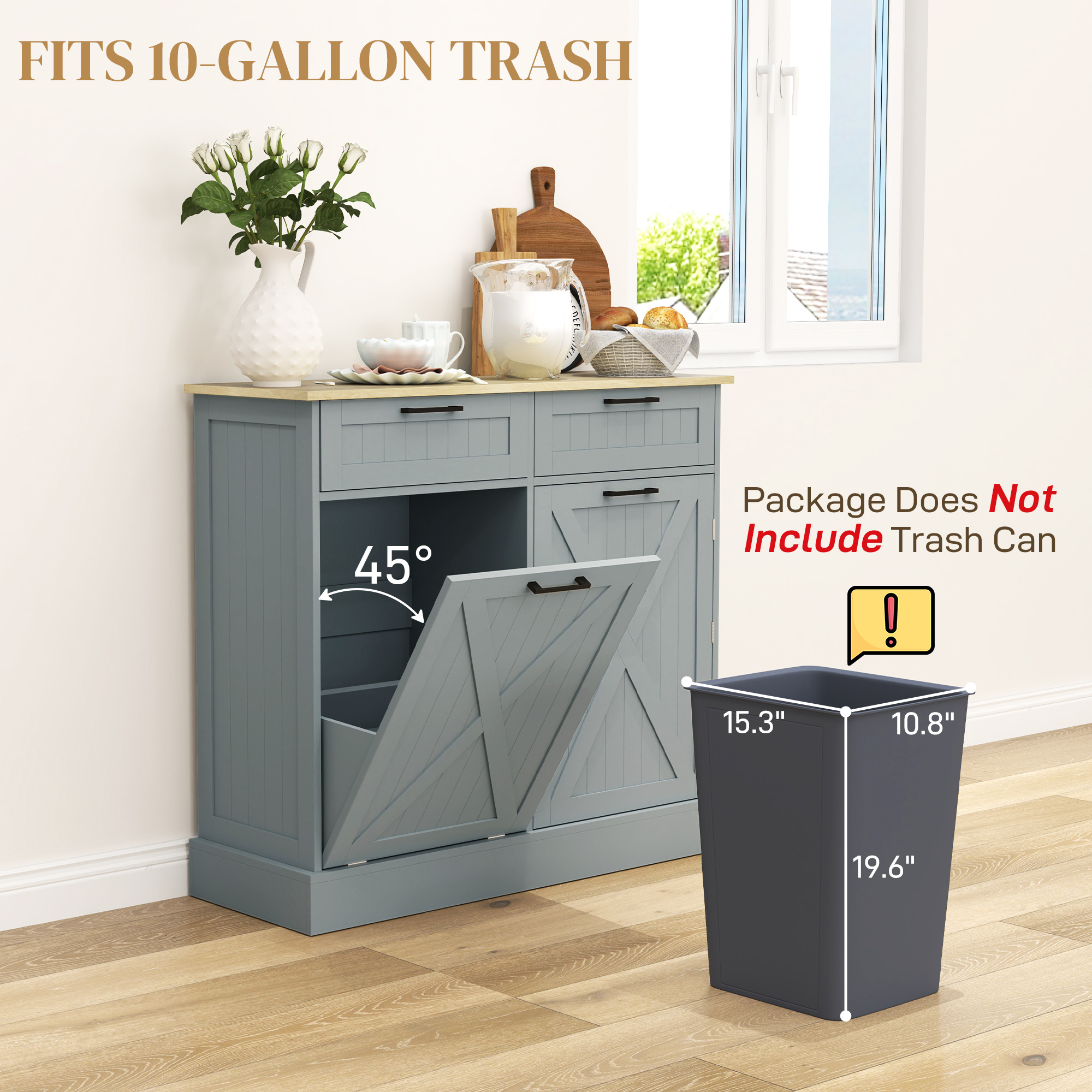 10 Gallon Farmhouse Kitchen Cabinet with Hidden Trash Can and 2 Drawers, Tilt Out Trash Can Cabinet for Kitchen, Gray - Image 3