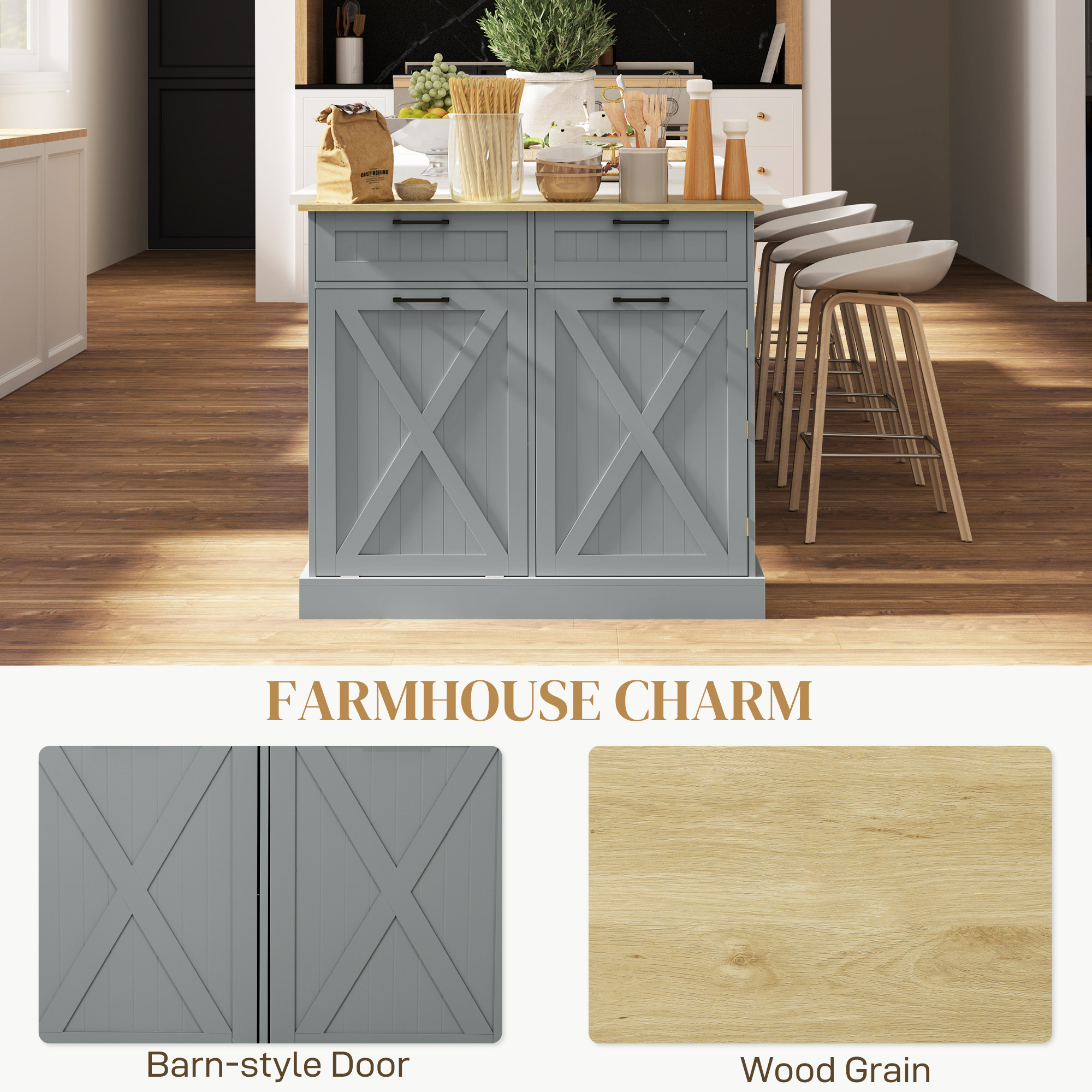 10 Gallon Farmhouse Kitchen Cabinet with Hidden Trash Can and 2 Drawers, Tilt Out Trash Can Cabinet for Kitchen, Gray - Image 8