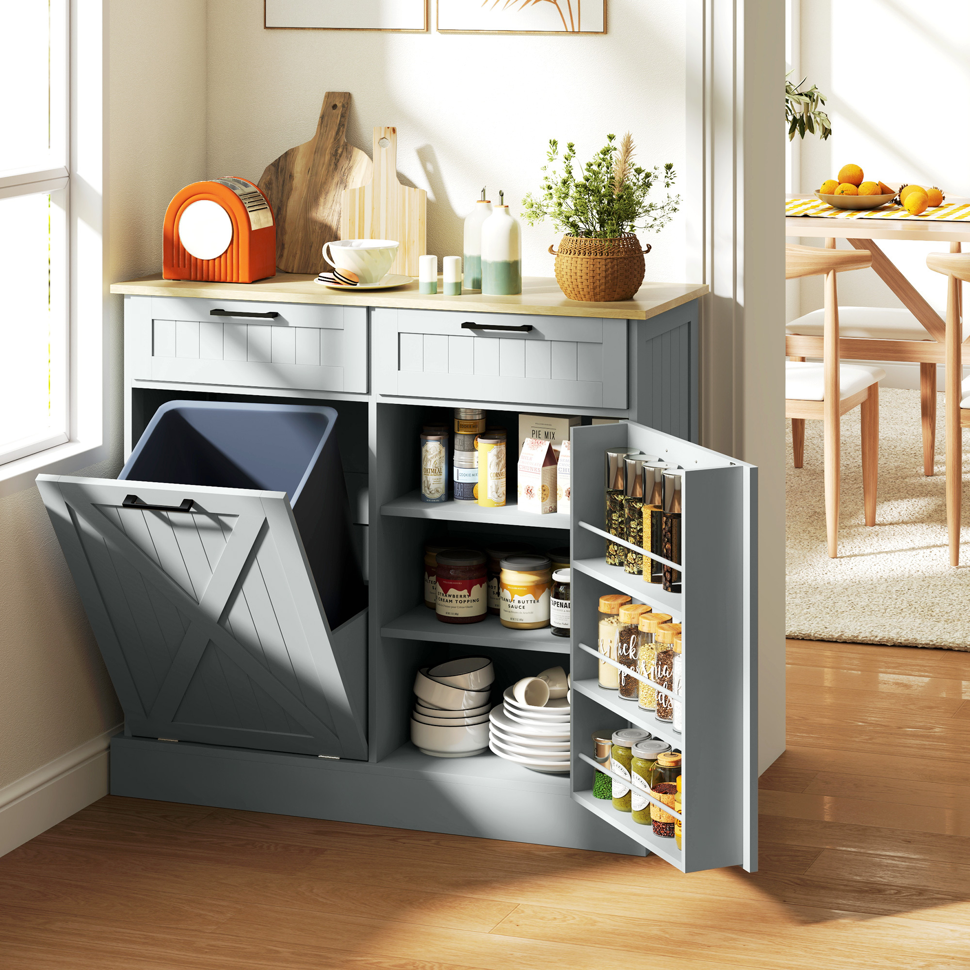 10 Gallon Farmhouse Kitchen Cabinet with Hidden Trash Can and 2 Drawers, Tilt Out Trash Can Cabinet for Kitchen, Gray - Image 4