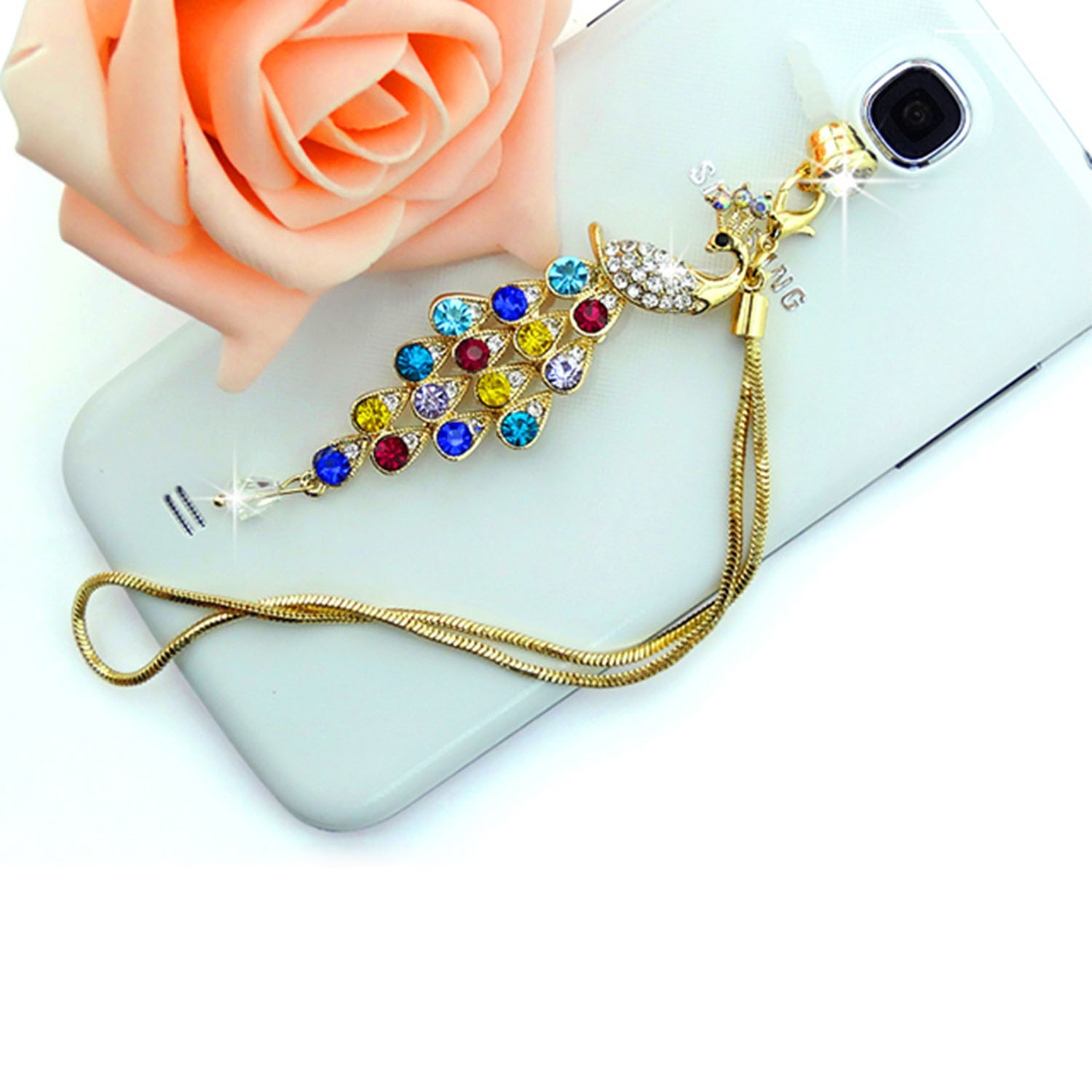 Colorful Crystal Diamond Peacock Dust Cap Pendant For Cell Phone 3.5mm Jack - Image 4