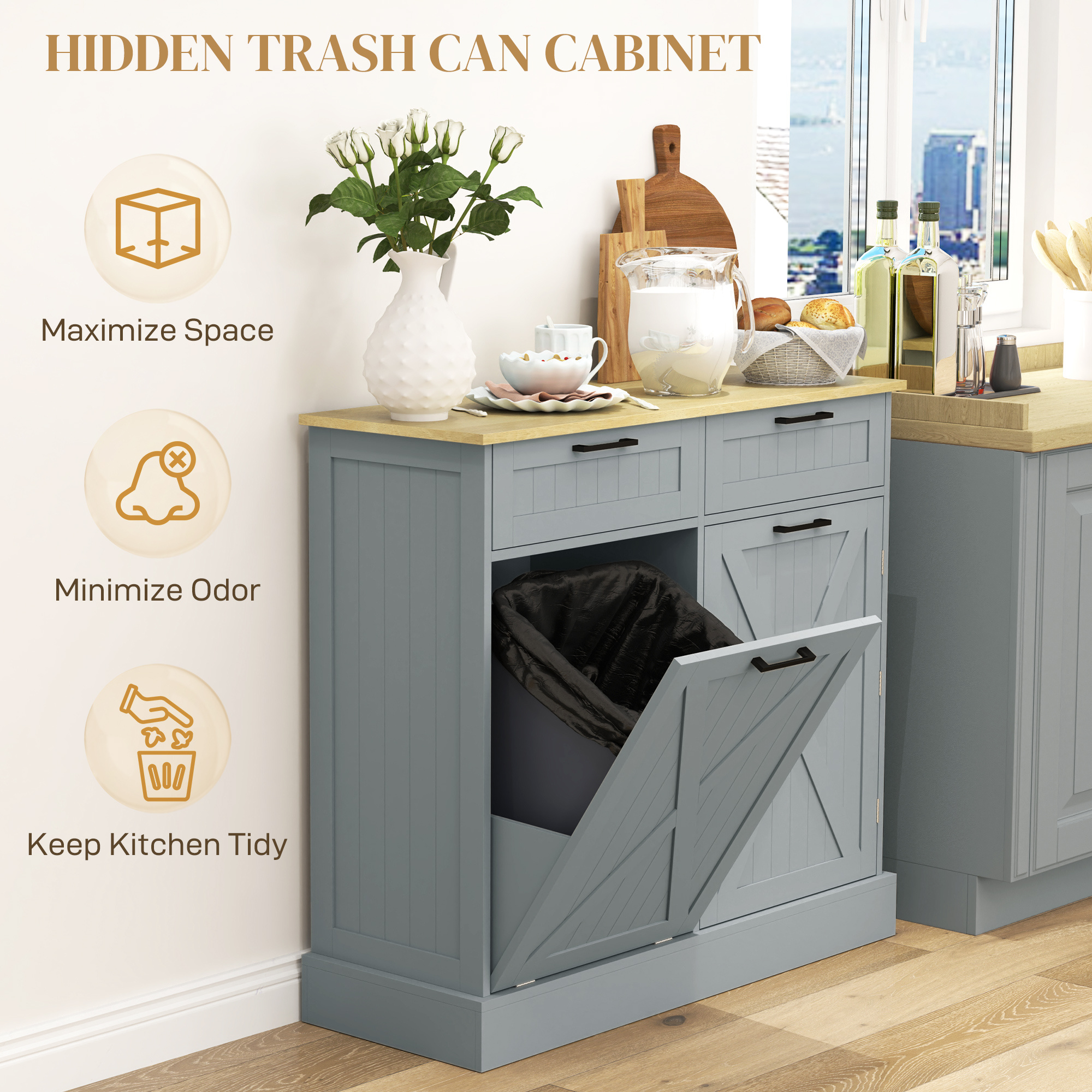 10 Gallon Farmhouse Kitchen Cabinet with Hidden Trash Can and 2 Drawers, Tilt Out Trash Can Cabinet for Kitchen, Gray - Image 5
