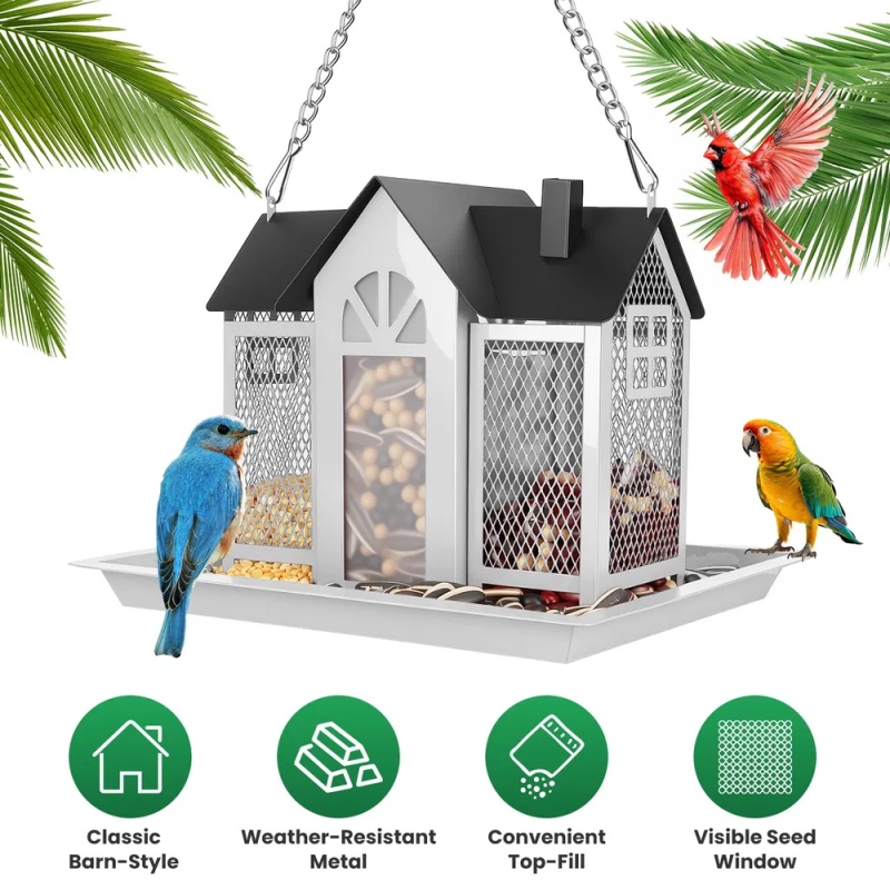 Metal Hanging Bird Feeder House Classic Barn Bird Feeder House Iron Hanging Outdoor Feeder With Visible Window And Lift Top Lid 15.75in Hanging Length Wild Birds Garden Yard Red&White - Image 2