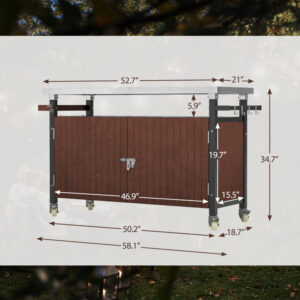 Outdoor Grill Cart With Stainless Steel Tabletop, Storage, Patio Kitchen Island With Wheels, Hooks, And Spice Rack, Waterproof Outdoor Grill Table, Movable BBQ Serving Cart Rolling Bar Cart