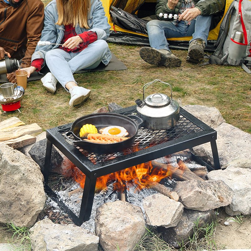 Folding Campfire Grill, Heavy Duty Steel Mesh Grate, 18' Portable Camping Grates Over Fire Pit, Camp Fire Cooking Equipment With Legs Carrying Bag, Grilling Rack For Outdoor Open Flame Cooking