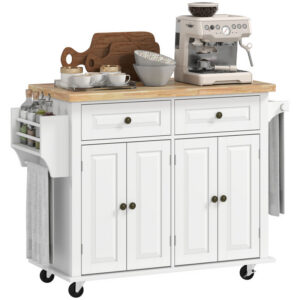 44" Mobile Kitchen Island Table, Kitchen Island Cart on Wheels with Storage Cabinets, 2 Drawers, White