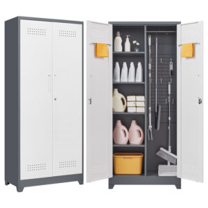 Gray Metal Lockers, Cleaning Tool Cabinets With Locking Doors, High Broom Tool Storage Cabinets, Adjustable Shelves, Large Cabinets For Kitchens, Offices, Shops. 72 Inches