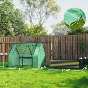 4 X 3 X 1ft Raised Garden Bed With Mini Greenhouse, Galvanized Raised Garden Bed With Cover, Green And Dark Gray