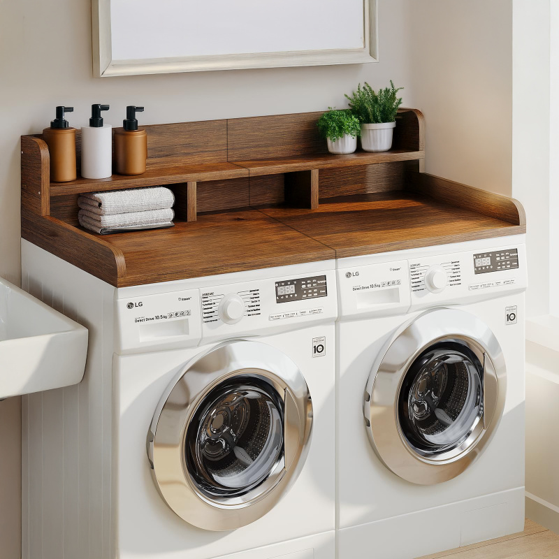 Washer Dryer Countertop With Non-slip Pads, Laundry Wood Shelf Topper With Edge, 54Width X 27.5 Depth Double Layer Organizer For Washer And Dryer Laundry Hamper Counter Storage Organization WALNUT