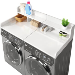 Washer Dryer Countertop With Non-slip Pads Laundry Wood Shelf Topper With Edge, 54Width X 27.5Depth Double Layer Organizer For Washer And Dryer Laundry Hamper Counter Storage Organization WHITE