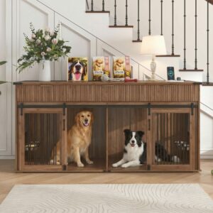 71 Furniture Style Double Dog Crate With 3 Fluted Drawers And Waterproof Walnut Woodgrain Tabletop,Large Dog Kennel Furniture With Type-C Power Outlet & Rotating Feeders For Heavy Duty Dogs Walnut