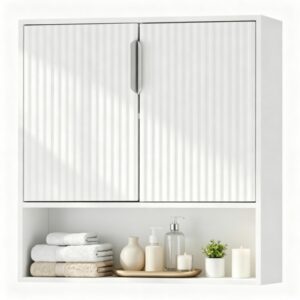 Wall Mounted Bathroom Cabinet, Modern Fluted Panel Storage Cabinet With Adjustable Shelf, 2-Door MDF Medicine Cabinet For Bathroom Kitchen Laundry Room Organization