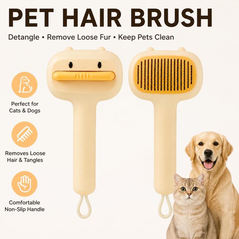Cute Cartoon Bear Self-Cleaning Pet Brush Universal Deshedding Comb For Cats And Dogs Removes Loose Fur & Detangles Comfortable Non-Slip Handle Pet Grooming Tool