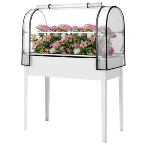 Raised Garden Bed with Flip-Up Greenhouse Cover, Metal Elevated Garden Bed with Legs and Drainage Hole, White