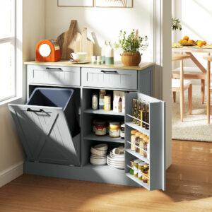 10 Gallon Farmhouse Kitchen Cabinet with Hidden Trash Can and 2 Drawers, Tilt Out Trash Can Cabinet for Kitchen, Gray