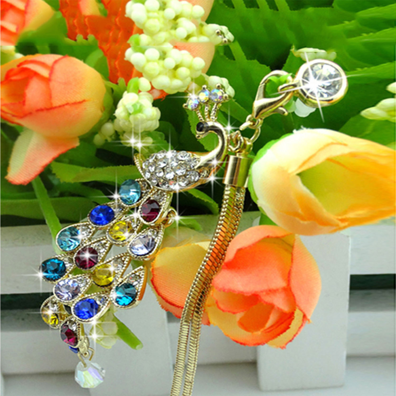Colorful Crystal Diamond Peacock Dust Cap Pendant For Cell Phone 3.5mm Jack - Image 6