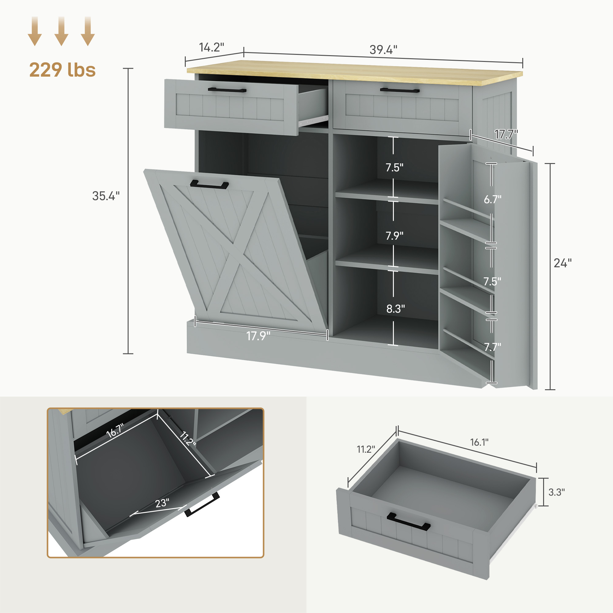 10 Gallon Farmhouse Kitchen Cabinet with Hidden Trash Can and 2 Drawers, Tilt Out Trash Can Cabinet for Kitchen, Gray - Image 7